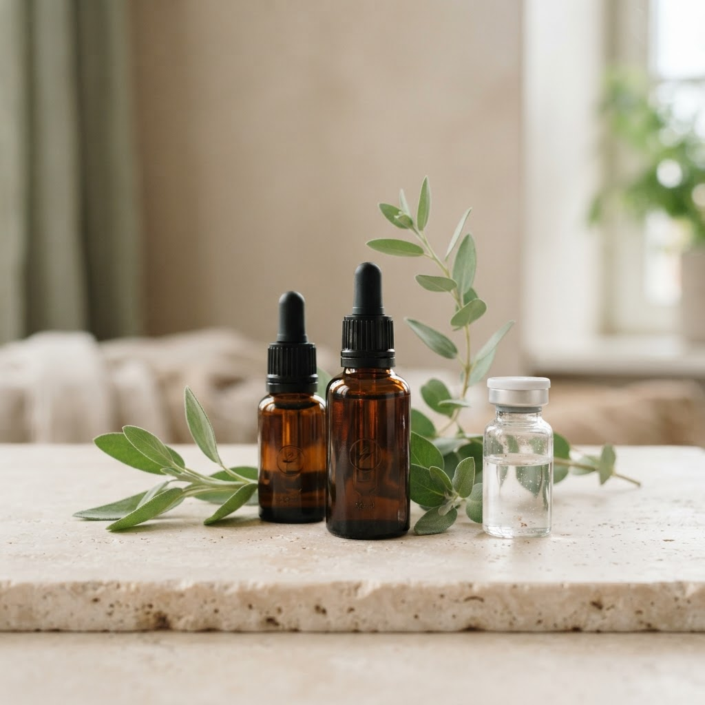 Amber therapy vials on a calm stone surface